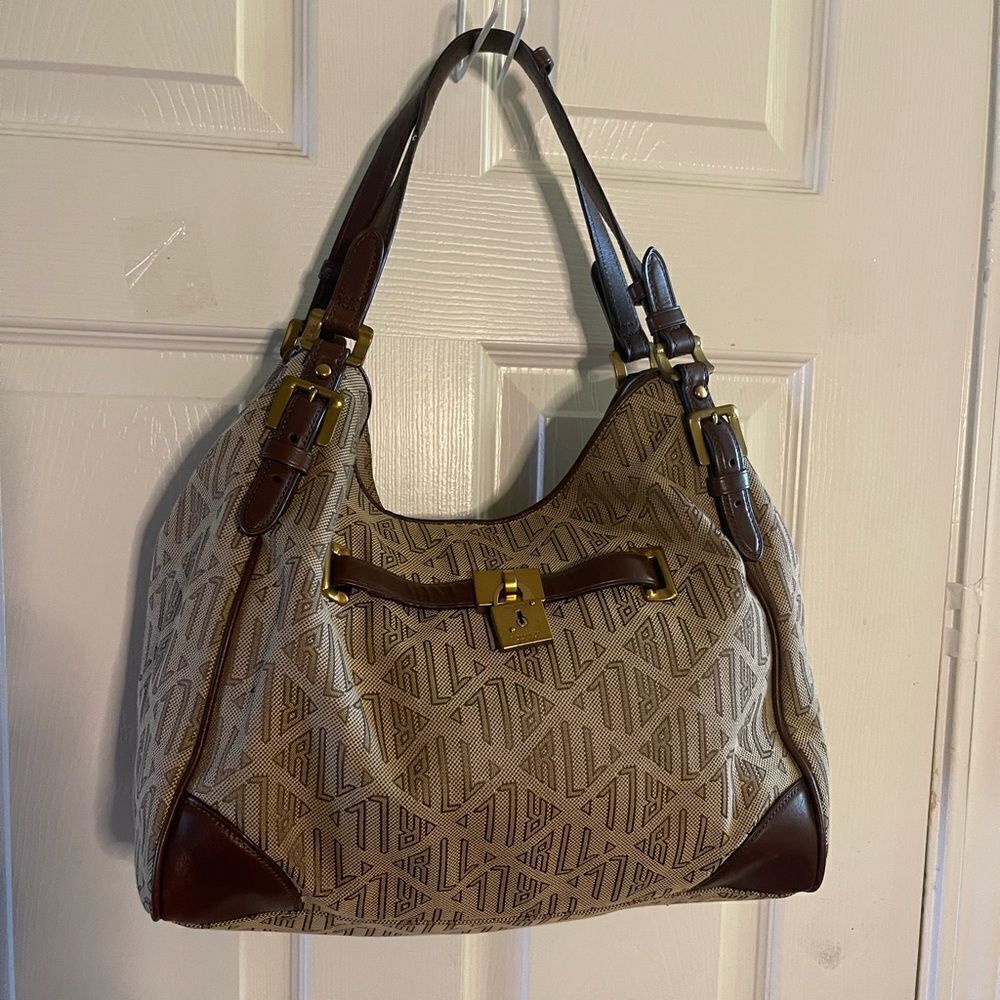 Ralph Lauren Logo Canvas khaki & brown Leather trims Hobo Bag brass hardwares.